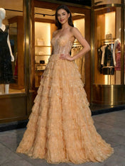 Glamorous Champagne Tiered Ruffle Corset Prom Dress