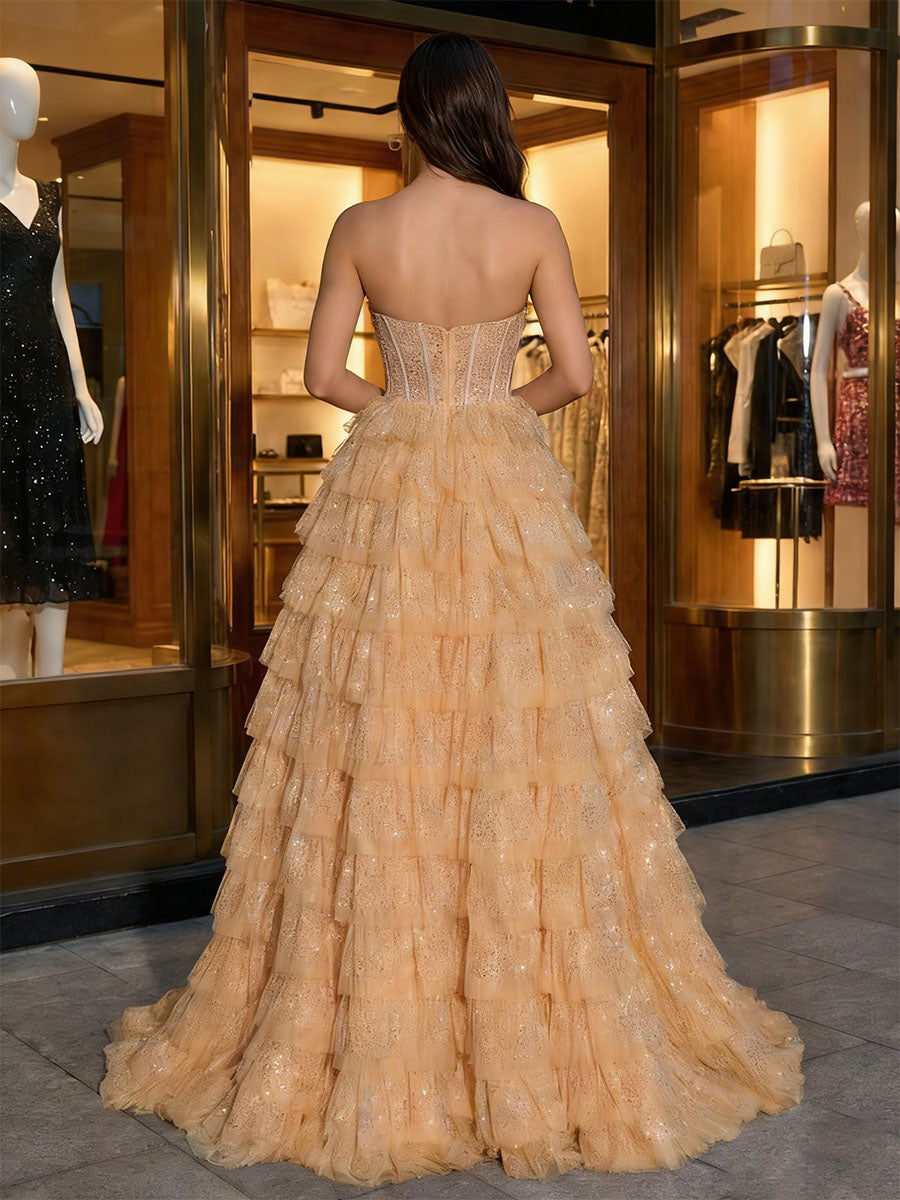 Glamorous Champagne Tiered Ruffle Corset Prom Dress