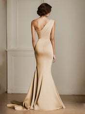 Elegant Khaki One Shouder Mermaid Ruched Long Satin Formal Dress