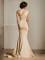 Elegant Khaki One Shouder Mermaid Ruched Long Satin Formal Dress