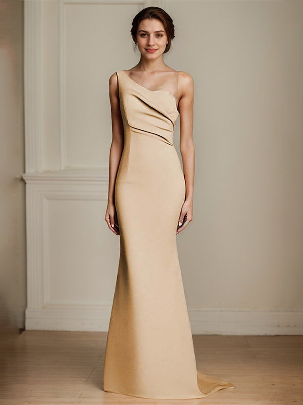 Elegant Khaki One Shouder Mermaid Ruched Long Satin Formal Dress