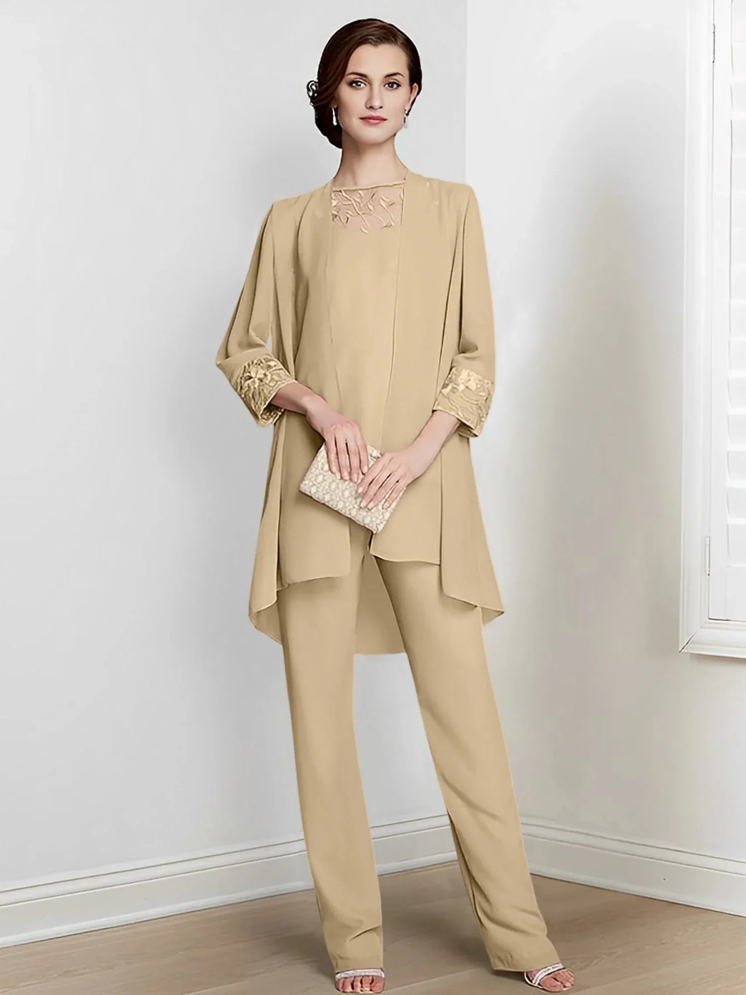Tailleur-pantalon en mousseline à manches longues pour mère de la mariée avec veste 