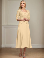 A-line Square Tea-Length Chiffon Lace Mother of the Bride Dress With Sequins Beading