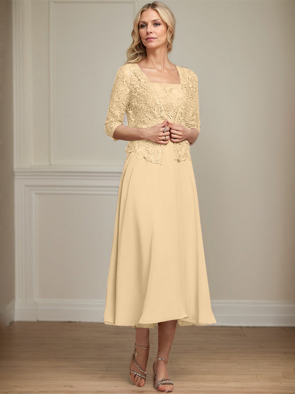 A-line Square Tea-Length Chiffon Lace Mother of the Bride Dress With Sequins Beading