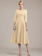 A-line Scoop Tea-Length Lace Chiffon Mother of the Bride Dress