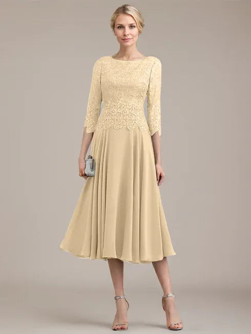 A-line Scoop Tea-Length Lace Chiffon Mother of the Bride Dress
