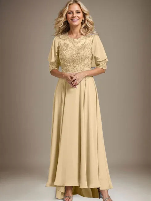 A-line Scoop Illusion Asymmetrical Chiffon Lace Mother of the Bride Dress With Beading