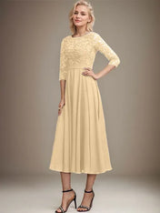 A-line Scoop Tea-Length Lace Chiffon Mother of the Bride Dress With Sequins