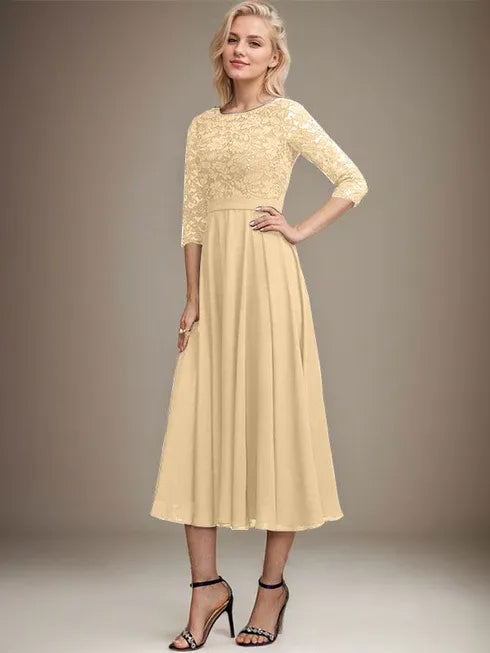 A-line Scoop Tea-Length Lace Chiffon Mother of the Bride Dress With Sequins