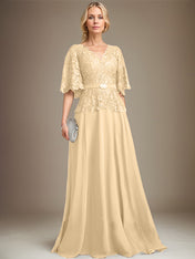A-line V-Neck Floor-Length Chiffon Lace Mother of the Bride Dress With Crystal Brooch Rhinestone