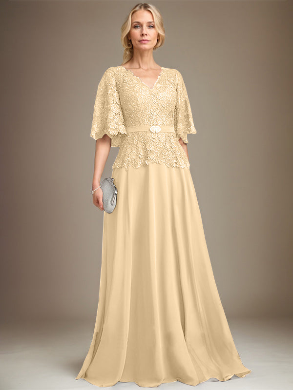 A-line V-Neck Floor-Length Chiffon Lace Mother of the Bride Dress With Crystal Brooch Rhinestone