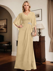 Robe de mère de la mariée fourreau/colonne, col en V, longueur au sol, en mousseline, avec paillettes plissées et perles 
