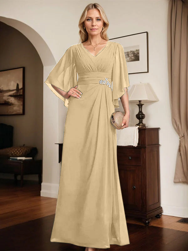Column V-Neck Floor-Length Chiffon Mother of the Bride Dress With Pleated Sequins Beading