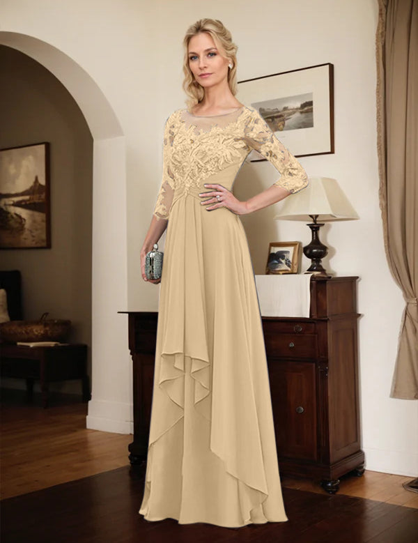 Robe de mère de la mariée trapèze en mousseline de soie et dentelle, longueur au sol, avec volants en cascade 