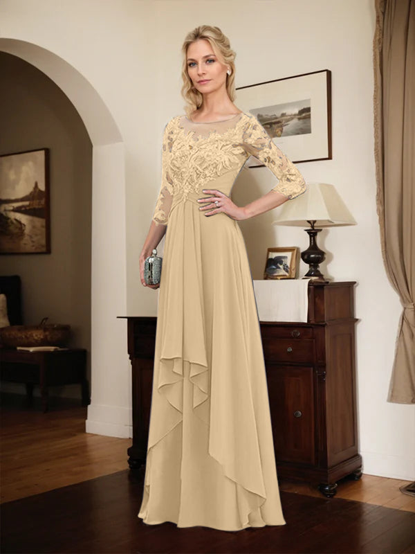A-line Scoop Illusion Floor-Length Lace Chiffon Mother of the Bride Dress With Cascading Ruffles