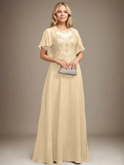 A-line Scoop Illusion Floor-Length Lace Chiffon Mother of the Bride Dress With Sequins
