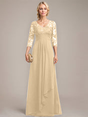 A-line V-Neck Floor-Length Lace Chiffon Mother of the Bride Dress With Cascading Ruffles Sequins