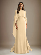 Robe de mère de la mariée en mousseline, coupe fourreau/colonne, col bateau, longueur ras du sol, avec volants en cascade 