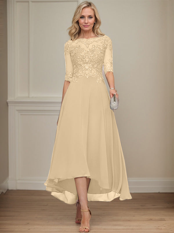 A-line Boat Neck Illusion Asymmetrical Chiffon Lace Mother of the Bride Dress With Sequins Beading