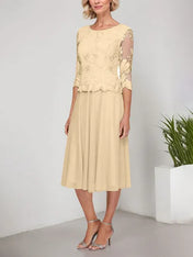 A-line Scoop Tea-Length Lace Chiffon Mother of the Bride Dress With Embroidery