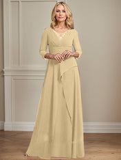 A-line V-Neck Floor-Length Chiffon Mother of the Bride Dress With Pleated Beading