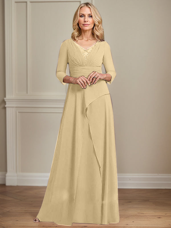 A-line V-Neck Floor-Length Chiffon Mother of the Bride Dress With Pleated Beading