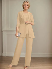 Jumpsuit/Pantsuit Separates Scoop Floor-Length Chiffon Lace Mother of the Bride Dress With Sequins