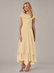A-line Boat Neck Illusion Asymmetrical Chiffon Lace Mother of the Bride Dress With Applique Pleats