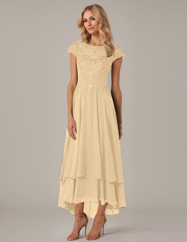 A-line Boat Neck Illusion Asymmetrical Chiffon Lace Mother of the Bride Dress With Applique Pleats
