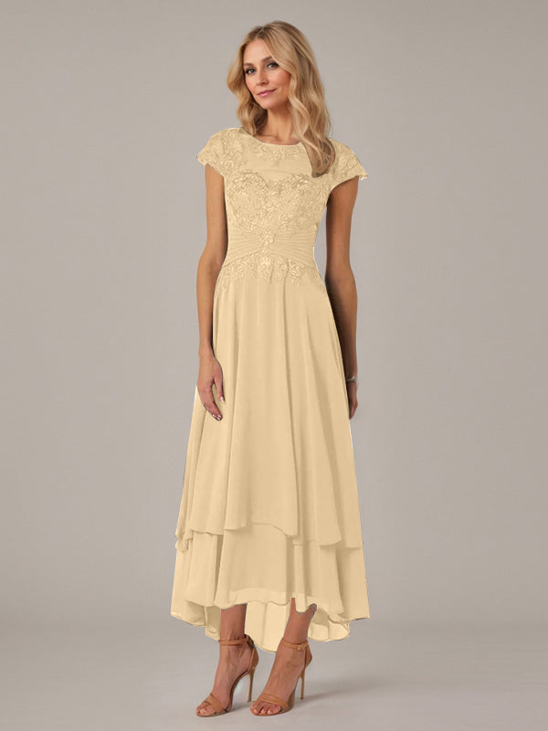 A-line Boat Neck Illusion Asymmetrical Chiffon Lace Mother of the Bride Dress With Applique Pleats