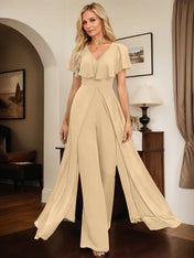 Jumpsuit/Pantsuit V-Neck Floor-Length Chiffon Evening Dress