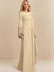 A-line Scoop Illusion Floor-Length Chiffon Lace Mother of the Bride Dress With Beading Sequins Cascading Ruffles