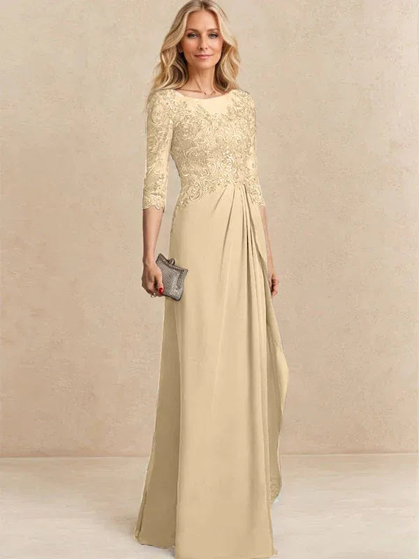 Robe de mère de la mariée trapèze en mousseline de soie et dentelle, longueur au sol, avec perles, paillettes et volants en cascade 