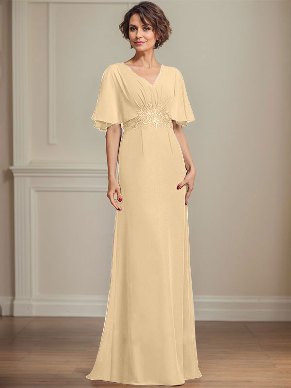 A-line V-Neck Floor-Length Chiffon Mother of the Bride Dress With Pleated Sequins Appliques Lace