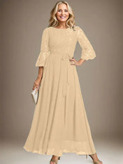 A-line Scoop Ankle-Length Lace Chiffon Mother of the Bride Dress With Bow