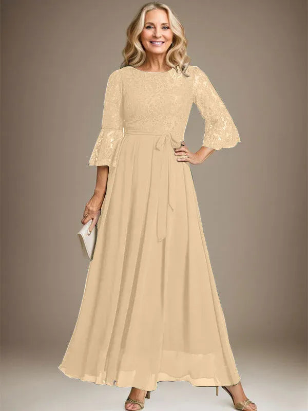 Robe de mère de la mariée trapèze en mousseline de soie et dentelle, longueur cheville, avec nœud
