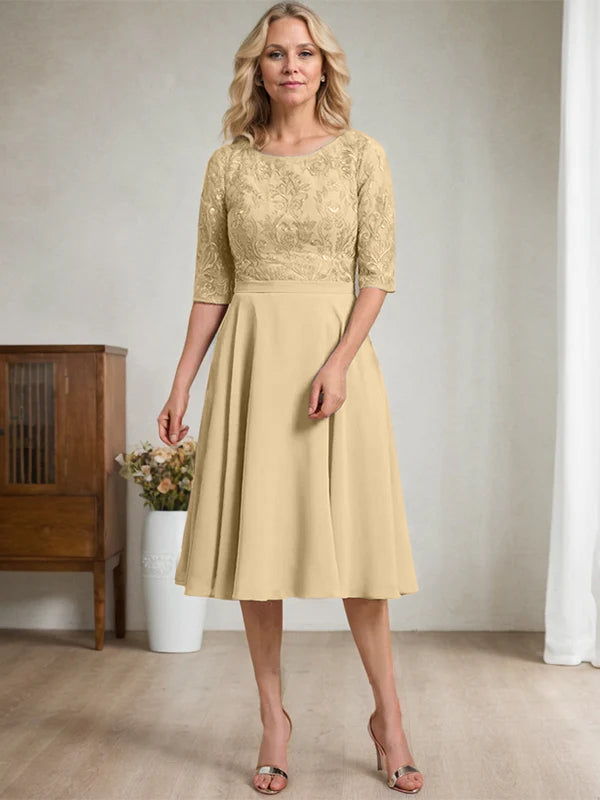 A-line Scoop Knee-Length Lace Chiffon Mother of the Bride Dress