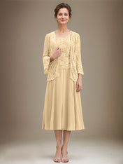A-line Scoop Tea-Length Lace Chiffon Mother of the Bride Dress With Sequins