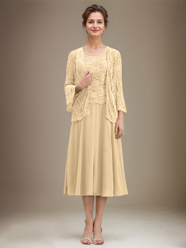 A-line Scoop Tea-Length Lace Chiffon Mother of the Bride Dress With Sequins