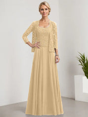 Robe de mère de la mariée trapèze carrée, longueur au sol, en mousseline de soie et dentelle, avec paillettes 