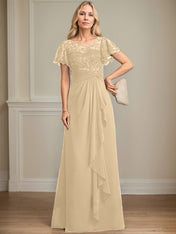 A-line Asymmetrical Illusion Floor-Length Lace Chiffon Mother of the Bride Dress With Cascading Ruffles Sequins