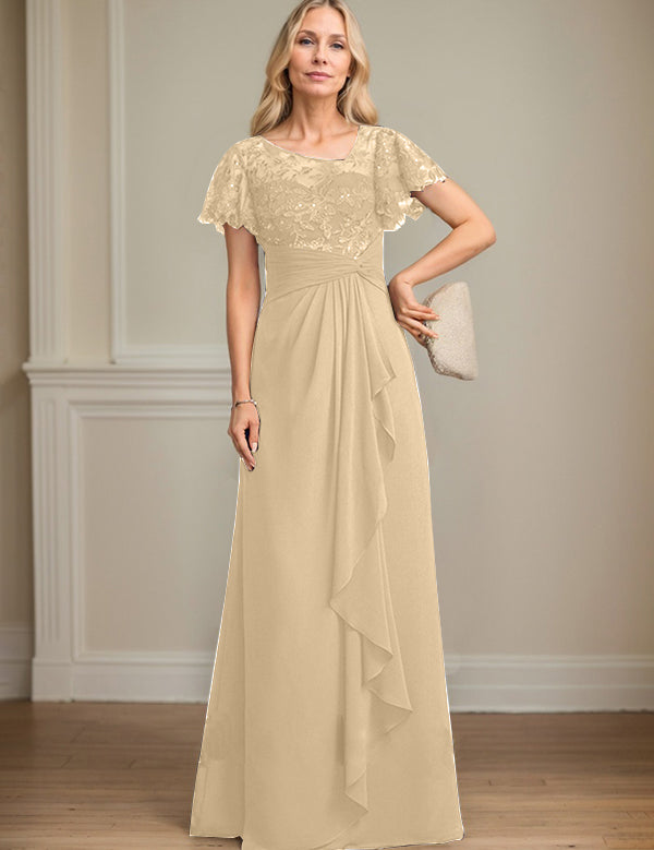 A-line Asymmetrical Illusion Floor-Length Lace Chiffon Mother of the Bride Dress With Cascading Ruffles Sequins