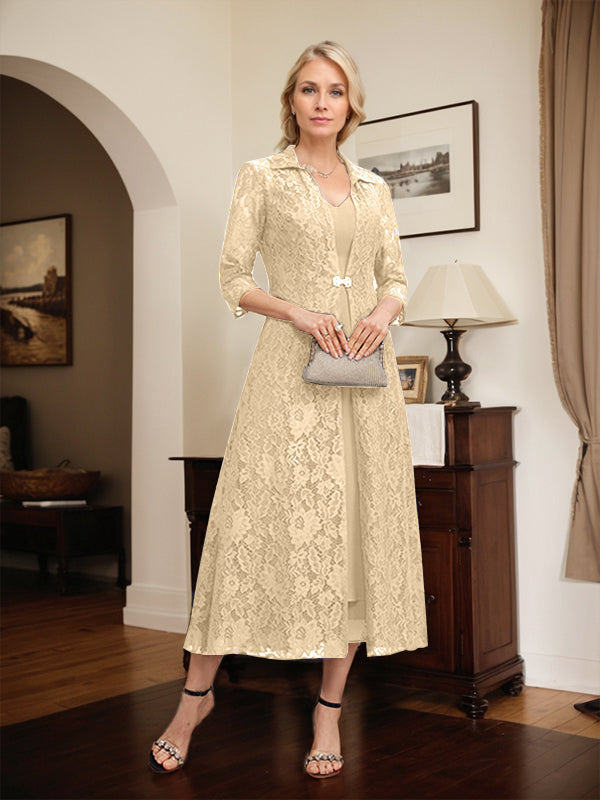 A-line V-Neck Tea-Length Chiffon Mother of the Bride Dress