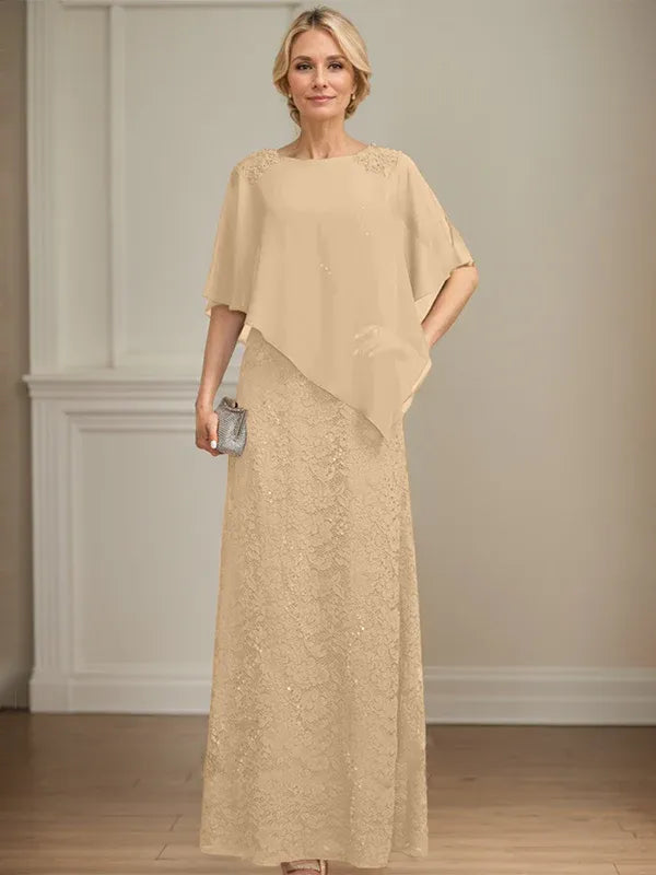 Column Scoop Floor-Length Chiffon Lace Mother of the Bride Dress With Sequins Beading