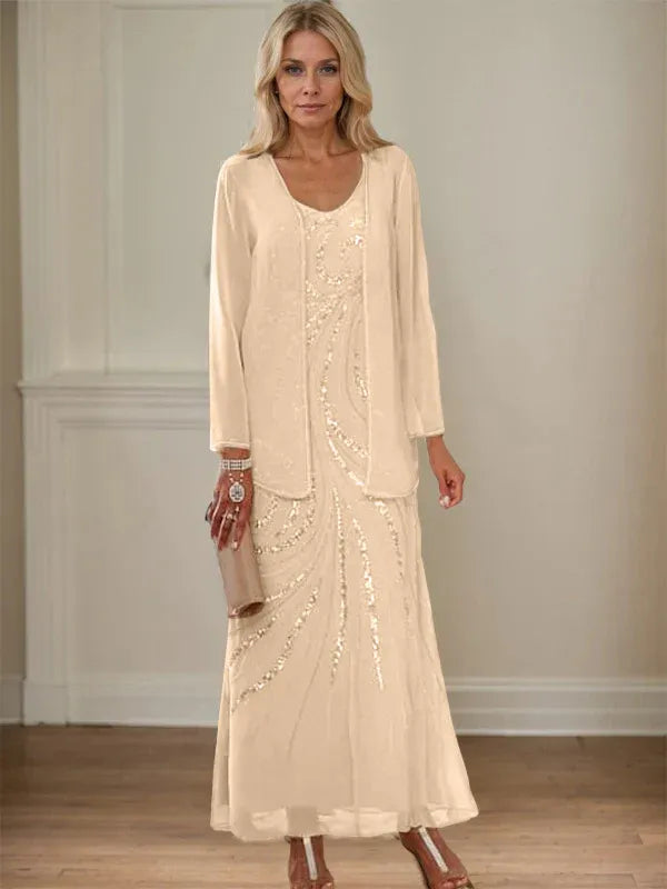 Robe de mère de la mariée fourreau/colonne, col en V, longueur cheville, avec veste et paillettes 