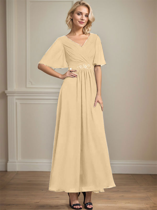 A-line V-Neck Ankle-Length Chiffon Mother of the Bride Dress With Pleated Beading Sequins
