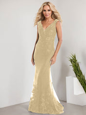 A-line V-Neck Floor-Length Lace Chiffon Mother of the Bride Dress With Applique Sequins Mermaid Dresses