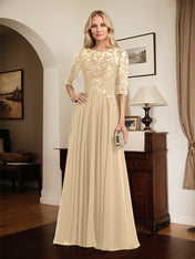 A-line Scoop Illusion Floor-Length Chiffon Lace Mother of the Bride Dress With Pleated Sequins