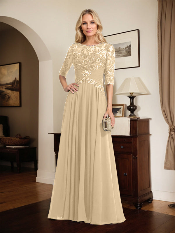 A-line Scoop Illusion Floor-Length Chiffon Lace Mother of the Bride Dress With Pleated Sequins