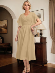 A-line V-Neck Tea-Length Chiffon Mother of the Bride Dress With Pleated Beading